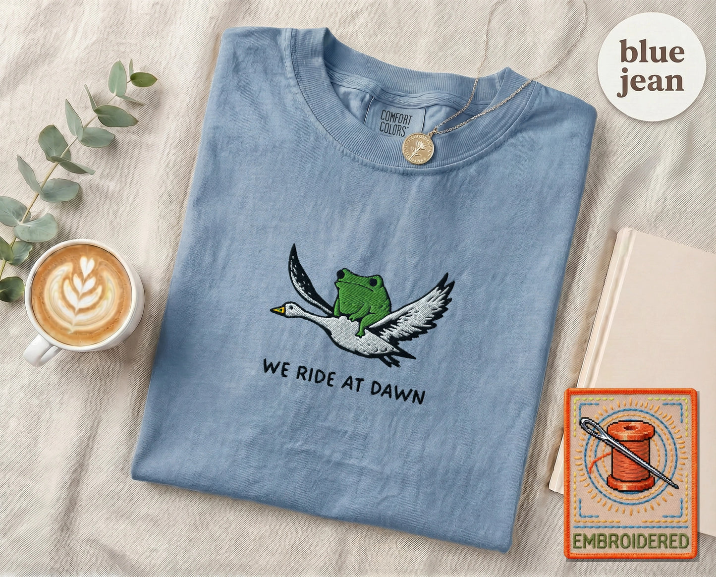 Embroidered Frog Duck Ride T-Shirt — Blue Jean