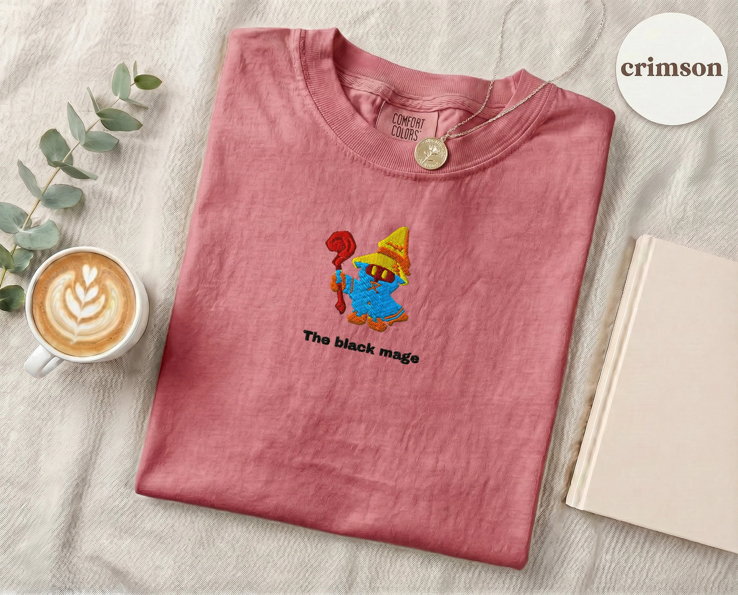 Embroidered Black Mage Cartoon T-Shirt — Crimson