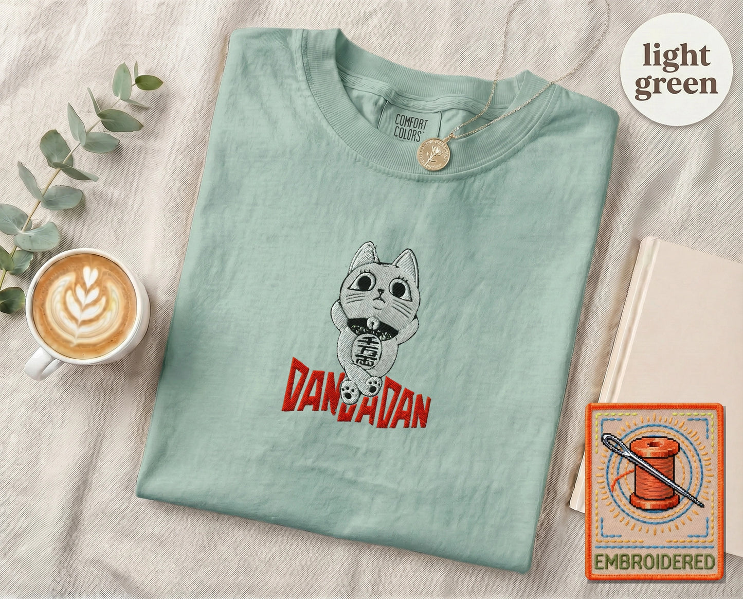 Lucky Cat Manga Embroidered T-Shirt — Light Green