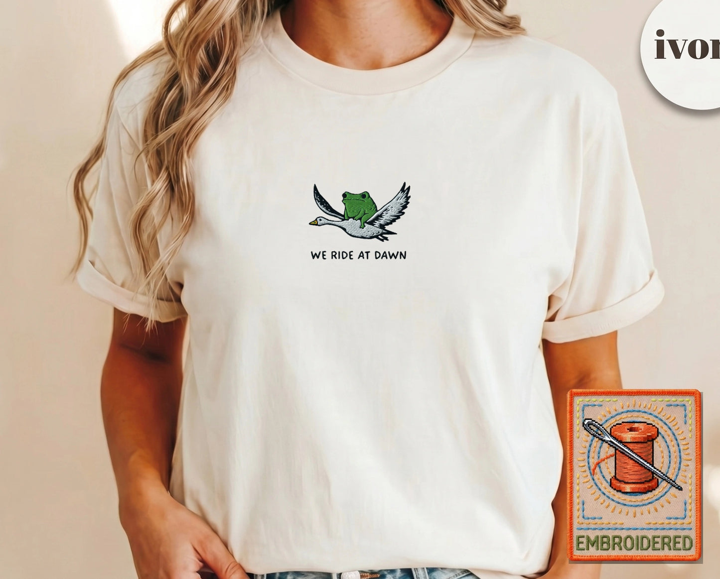 Embroidered Frog Duck Ride T-Shirt — Ivory