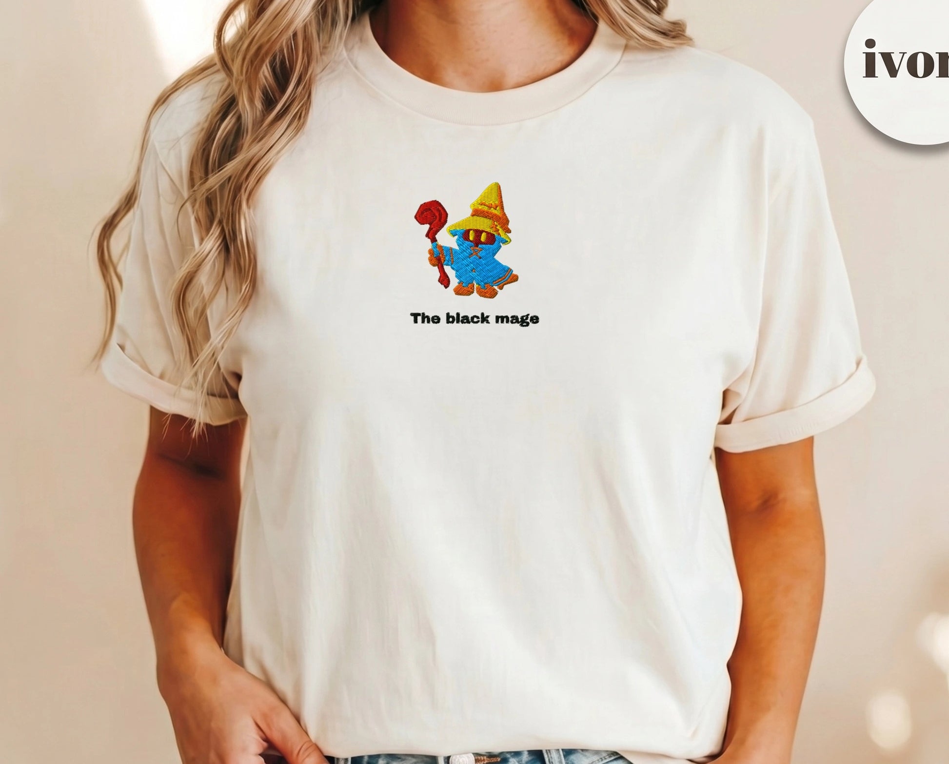 Embroidered Black Mage Cartoon T-Shirt — Ivory