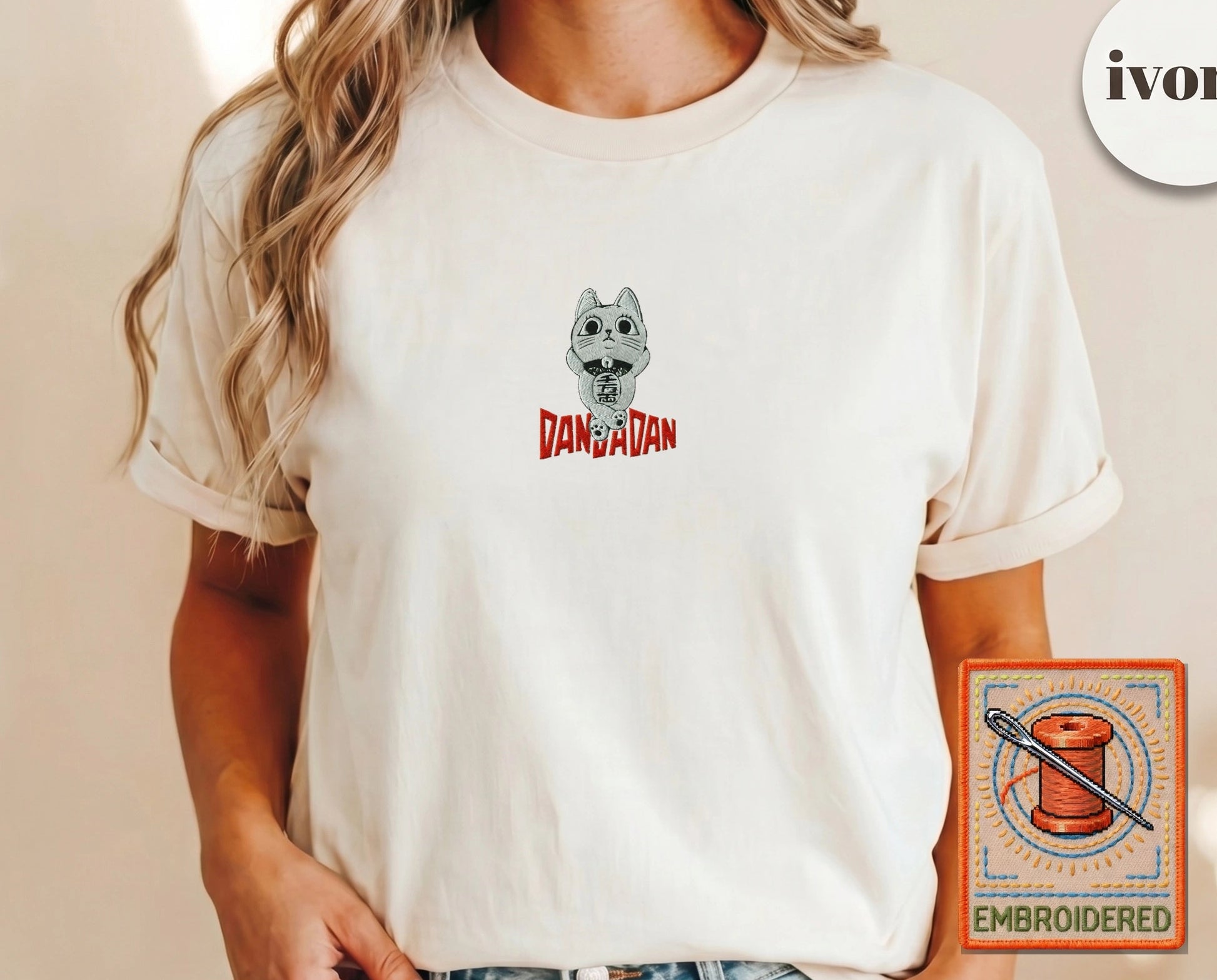 Lucky Cat Manga Embroidered T-Shirt — Ivory