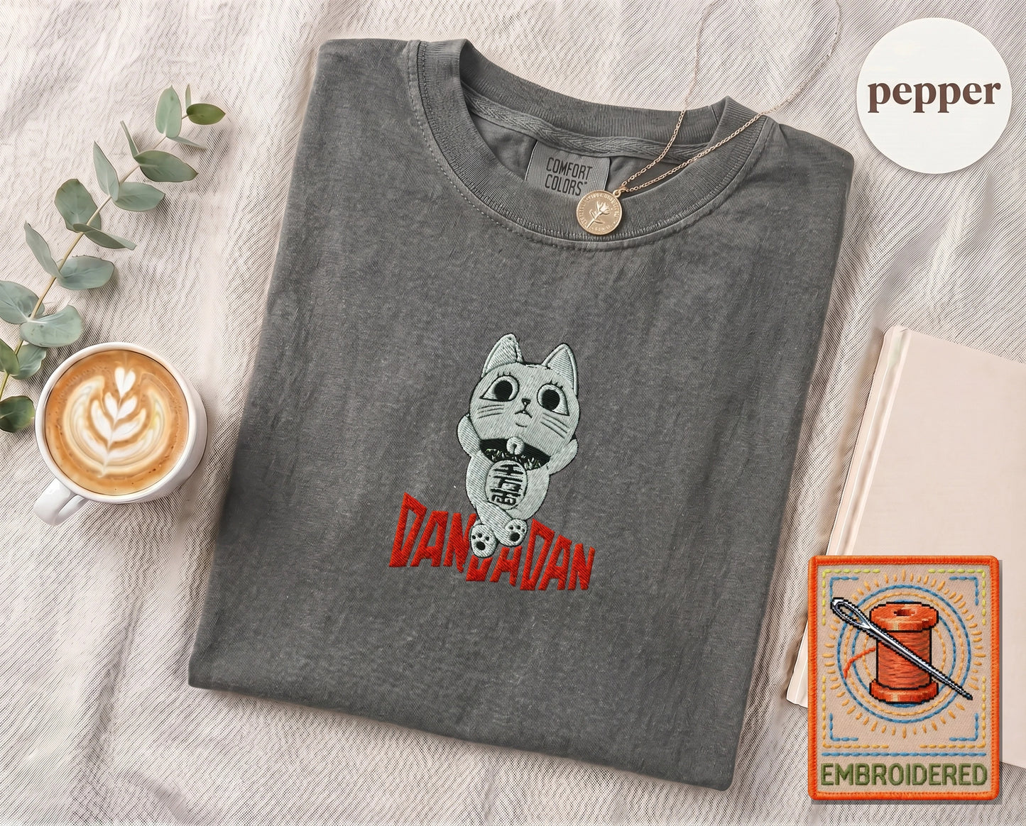 Lucky Cat Manga Embroidered T-Shirt — Pepper