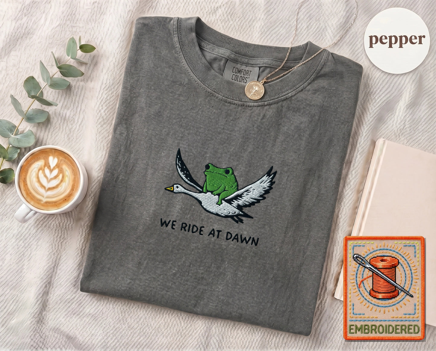 Embroidered Frog Duck Ride T-Shirt — Pepper
