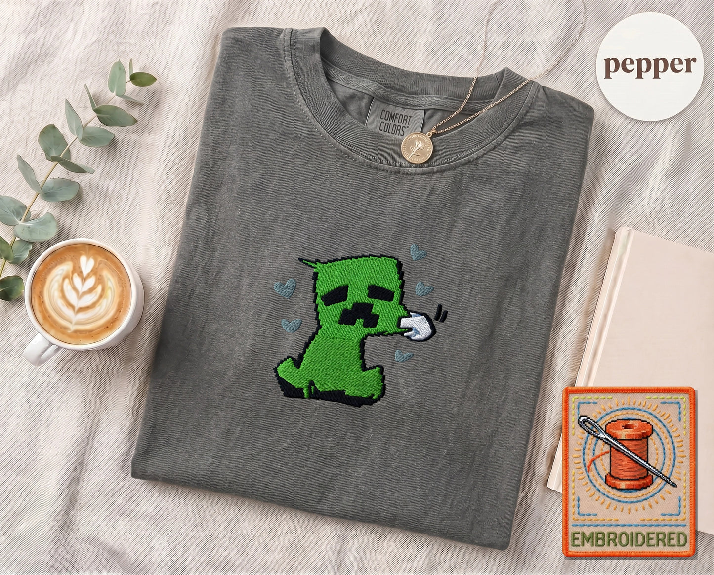 Minecraft Creeper Cute Embroidered T-Shirt — Pepper