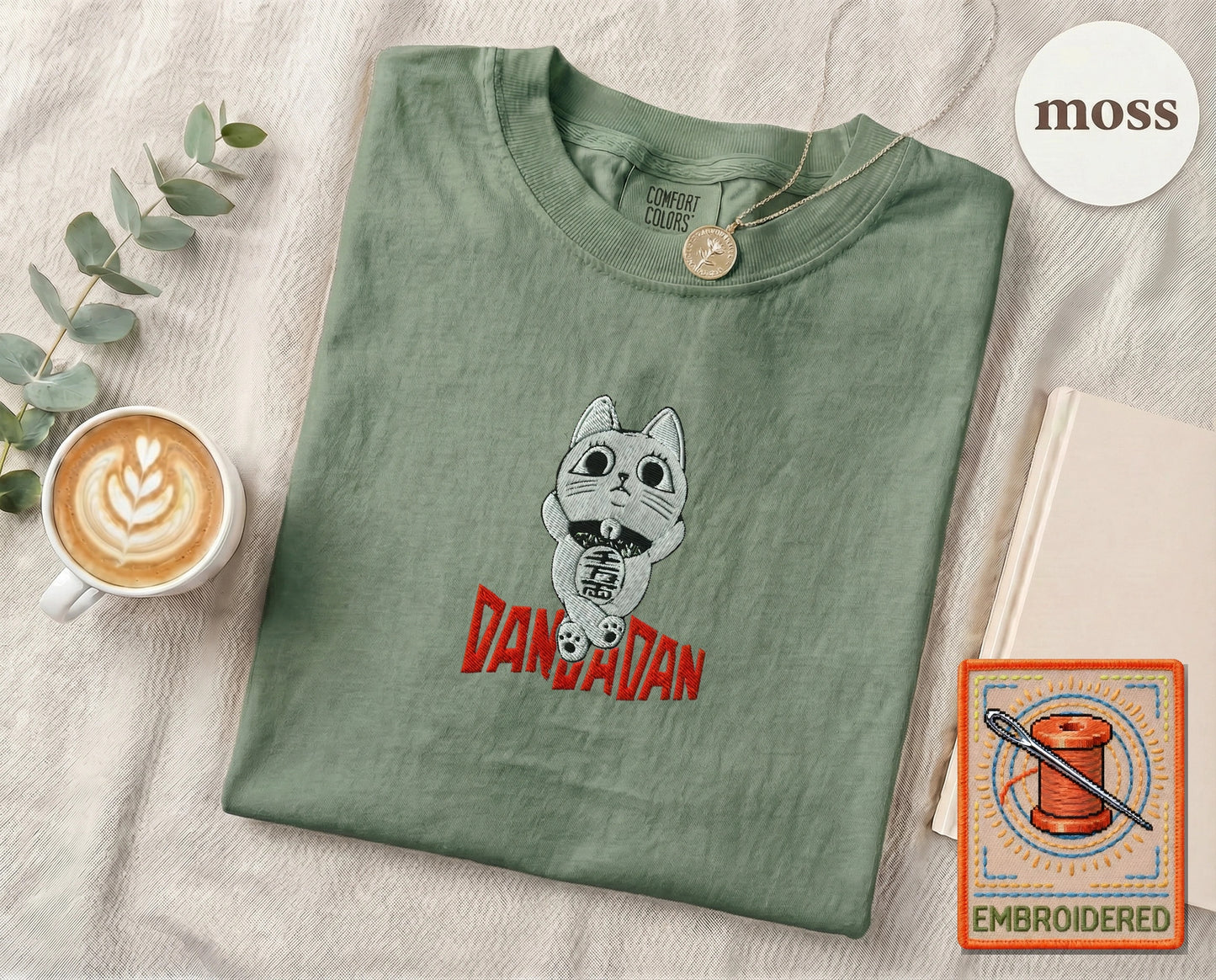 Lucky Cat Manga Embroidered T-Shirt — Moss