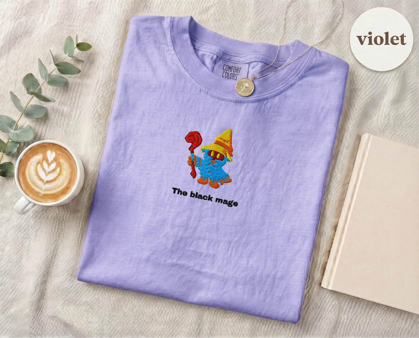 Embroidered Black Mage Cartoon T-Shirt — Violet