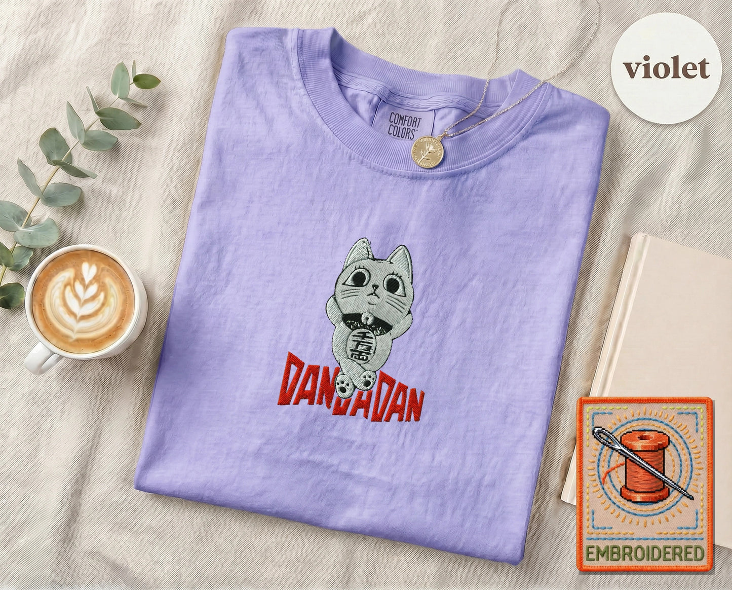 Lucky Cat Manga Embroidered T-Shirt — Violet