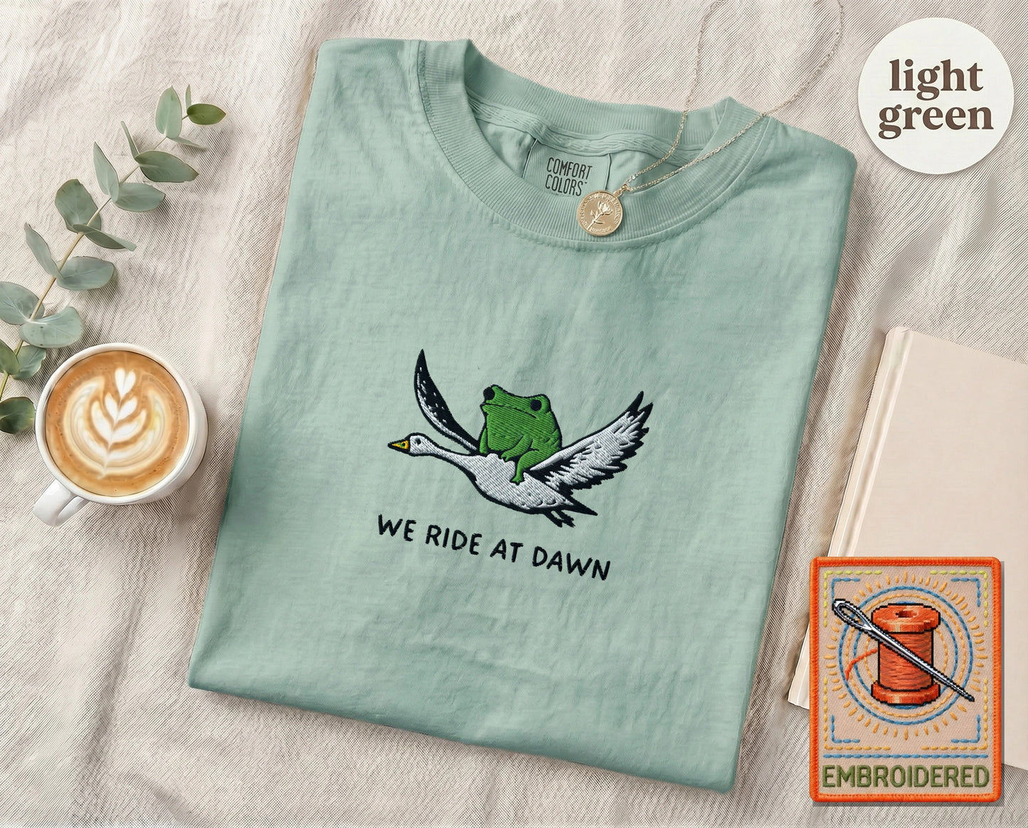 Embroidered Frog Duck Ride T-Shirt — Light Green