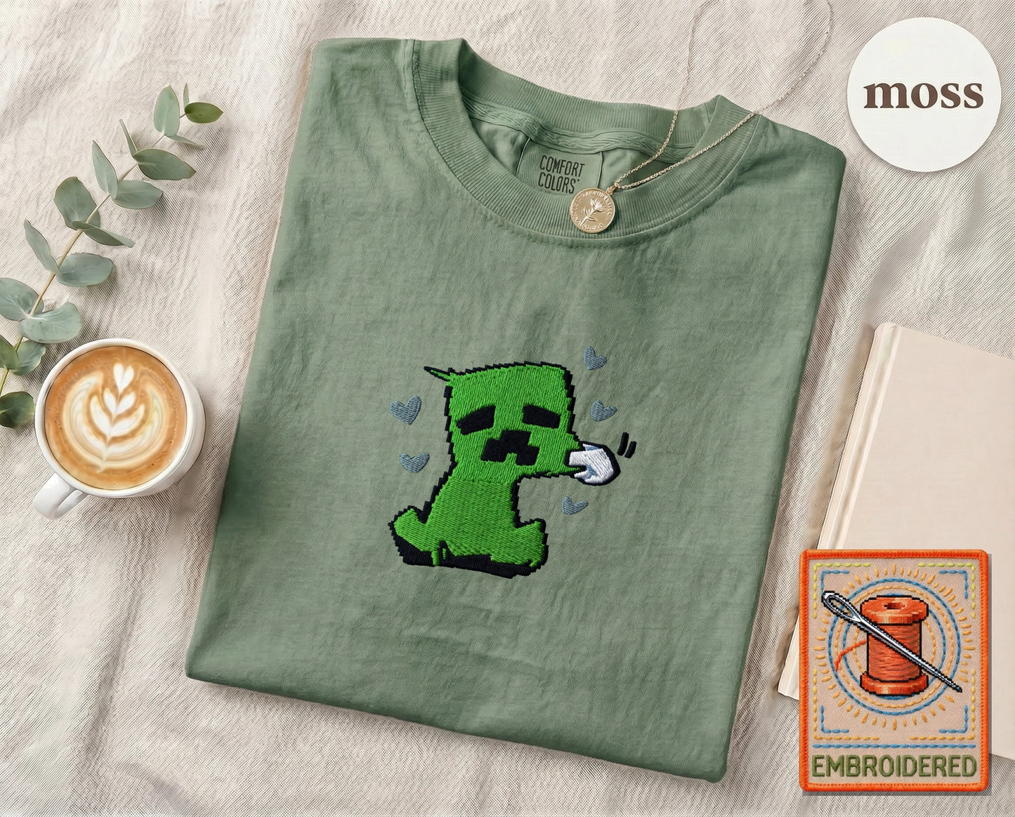 Minecraft Creeper Cute Embroidered T-Shirt — Moss