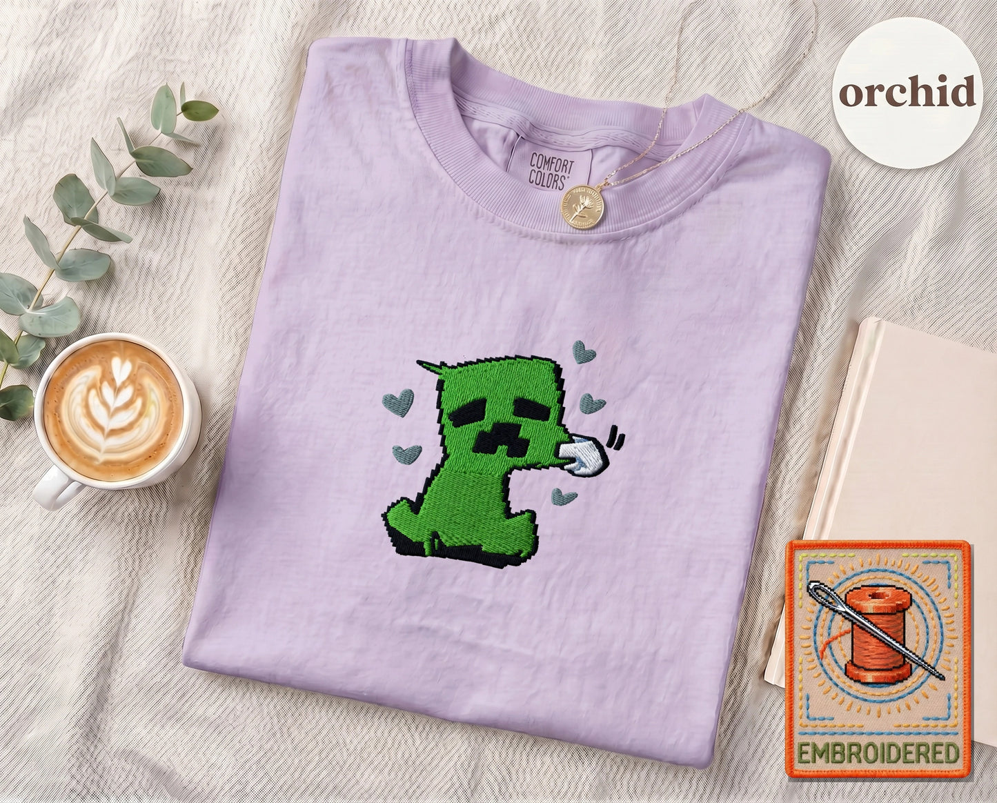 Minecraft Creeper Cute Embroidered T-Shirt — Orchid