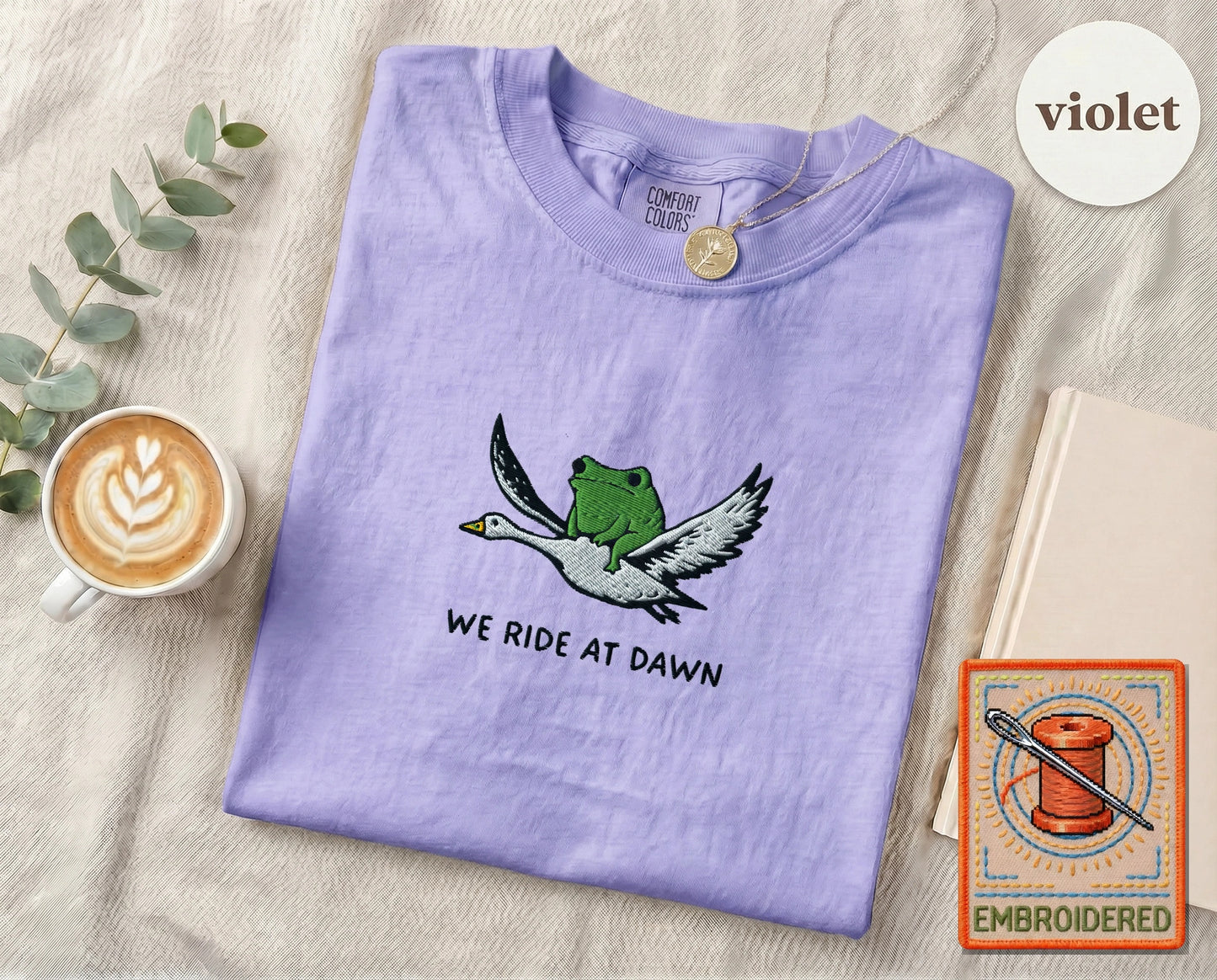 Embroidered Frog Duck Ride T-Shirt — Violet