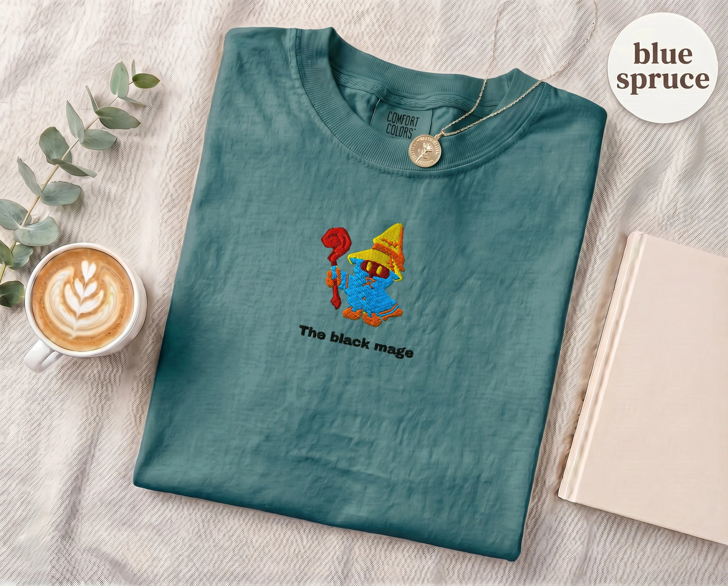 Embroidered Black Mage Cartoon T-Shirt — Blue Spruce