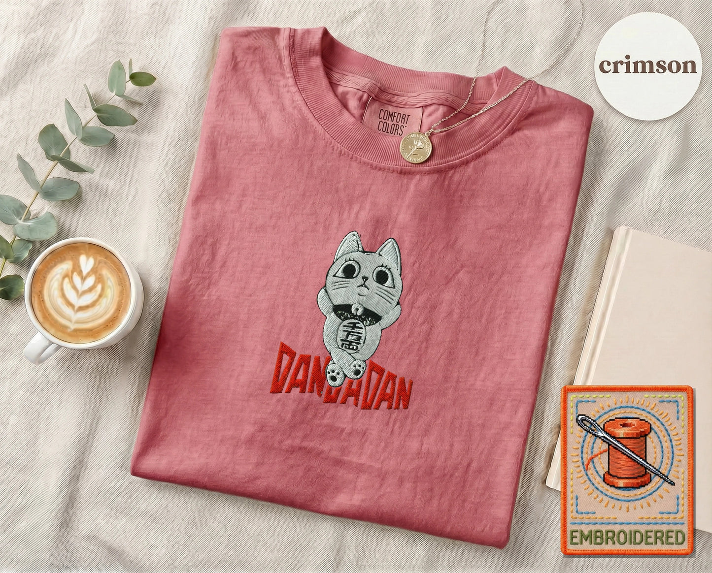 Lucky Cat Manga Embroidered T-Shirt — Crimson