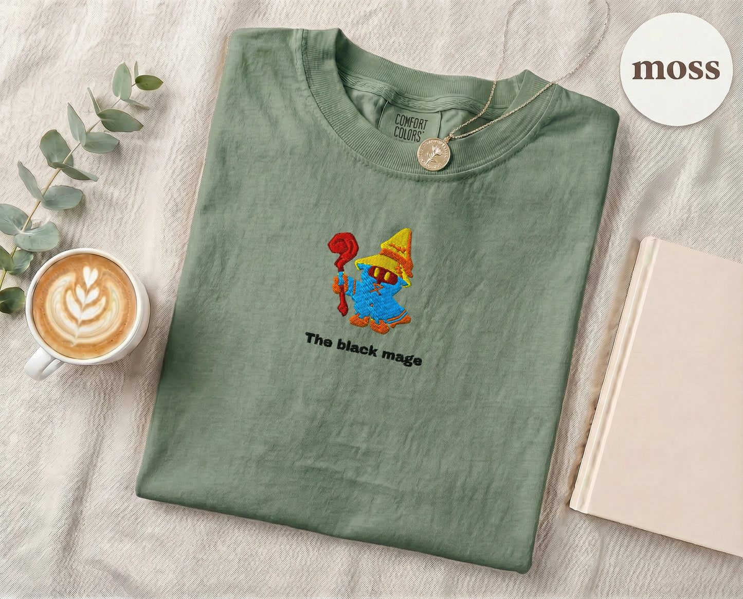 Embroidered Black Mage Cartoon T-Shirt — Moss