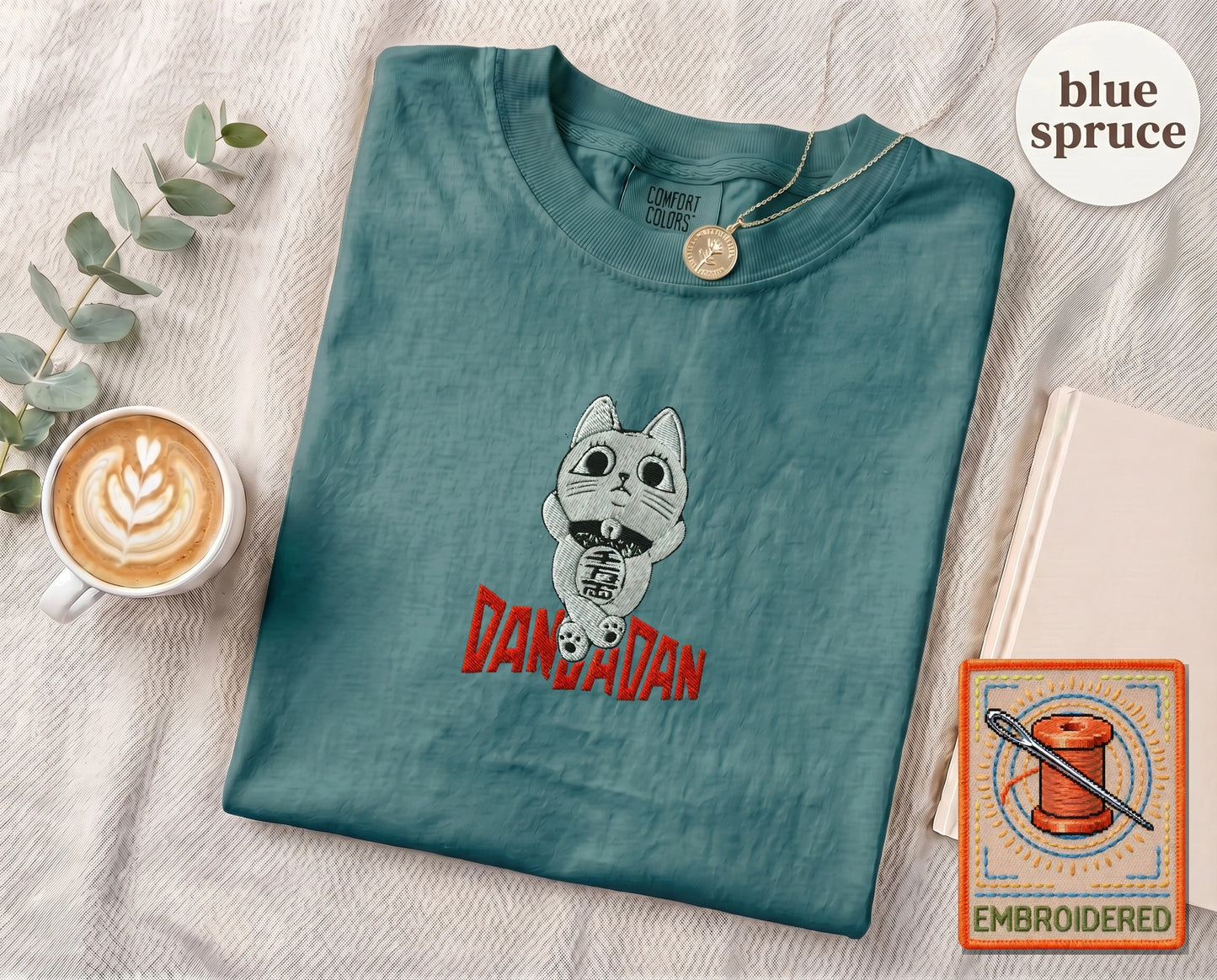 Lucky Cat Manga Embroidered T-Shirt — Blue Spruce