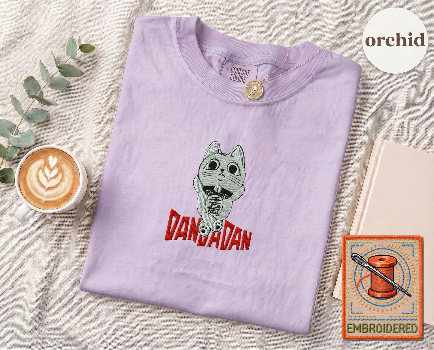 Lucky Cat Manga Embroidered T-Shirt — Orchid