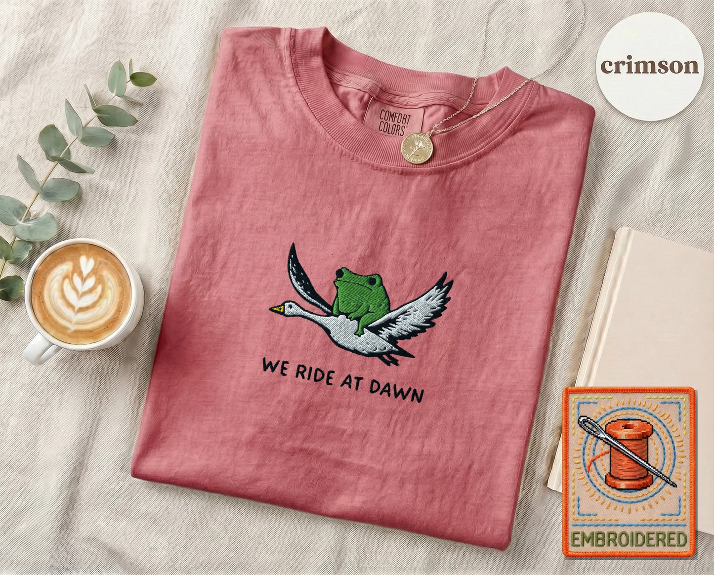 Embroidered Frog Duck Ride T-Shirt — Crimson