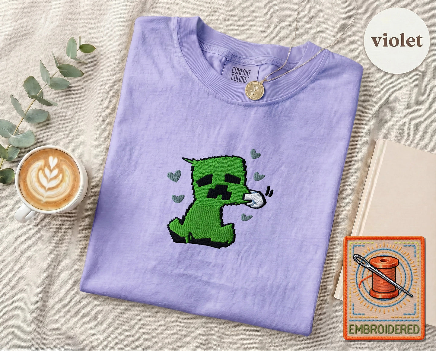 Minecraft Creeper Cute Embroidered T-Shirt — Violet