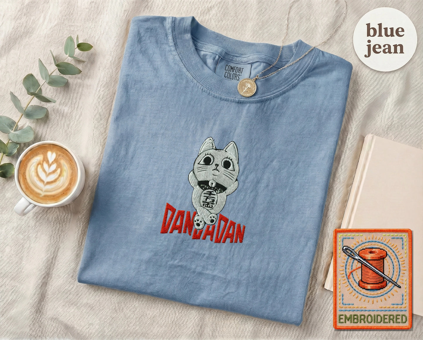Lucky Cat Manga Embroidered T-Shirt — Blue Jean