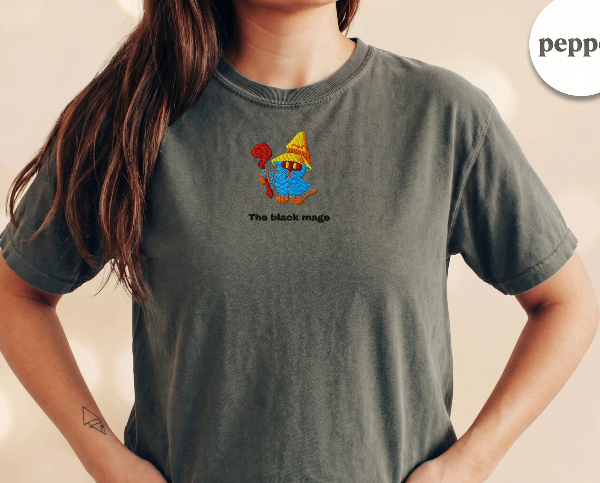 Embroidered Black Mage Cartoon T-Shirt — Pepper
