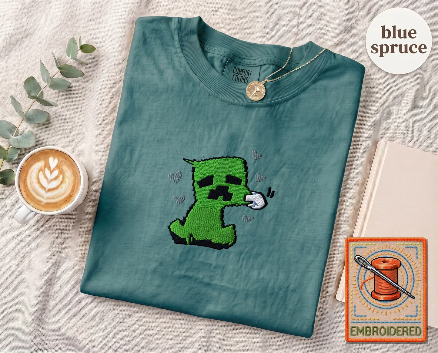 Minecraft Creeper Cute Embroidered T-Shirt — Blue Spruce