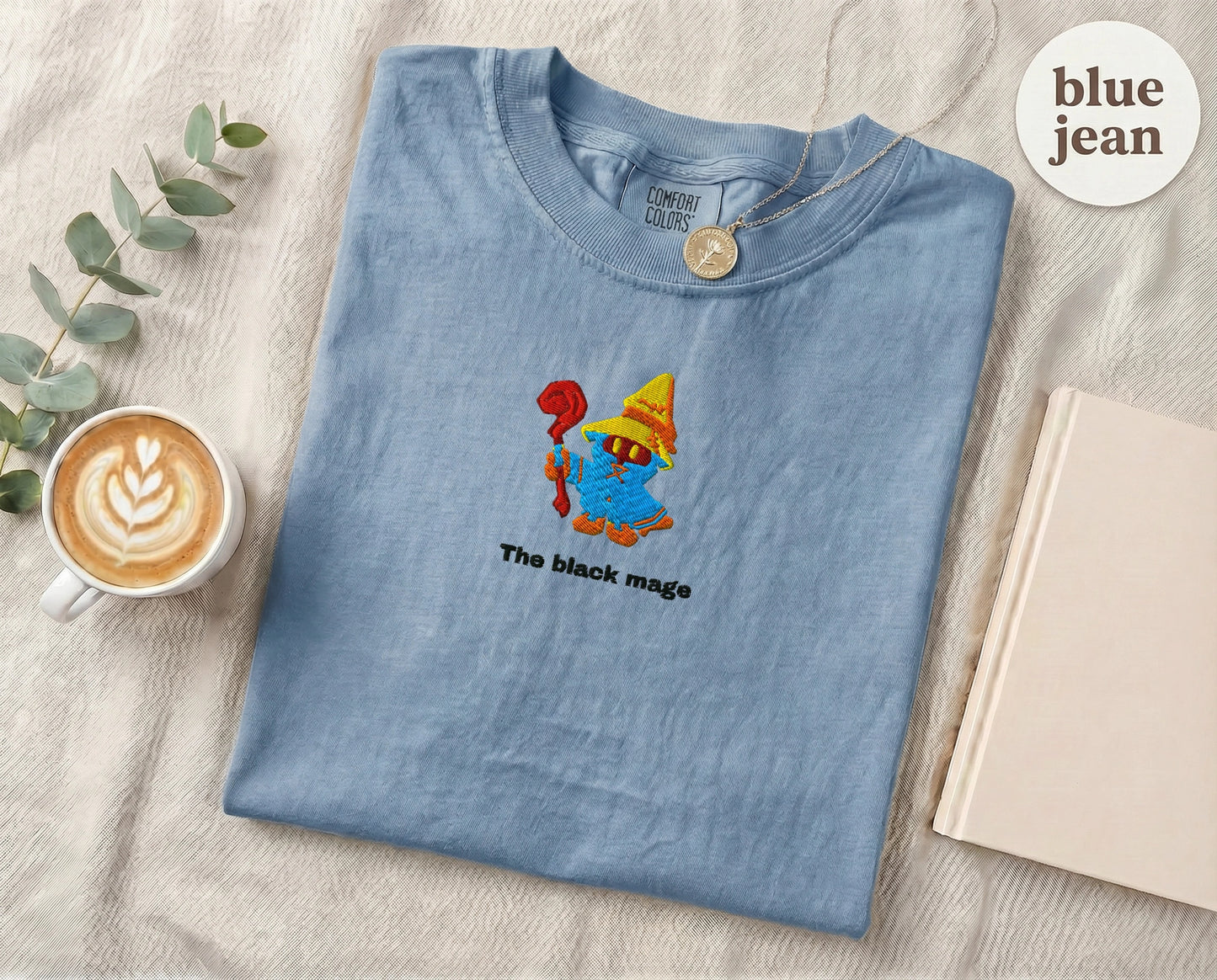 Embroidered Black Mage Cartoon T-Shirt — Blue Jean