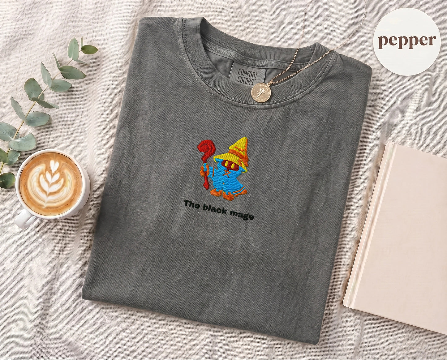 Embroidered Black Mage Cartoon T-Shirt — Pepper