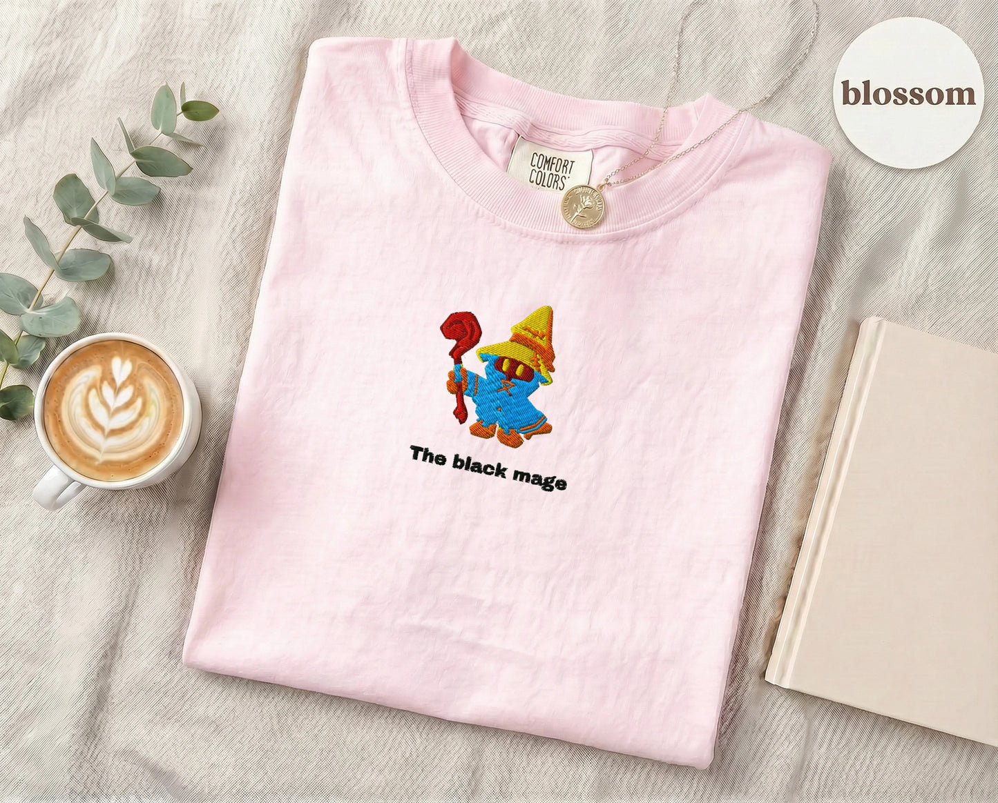 Embroidered Black Mage Cartoon T-Shirt — Blossom