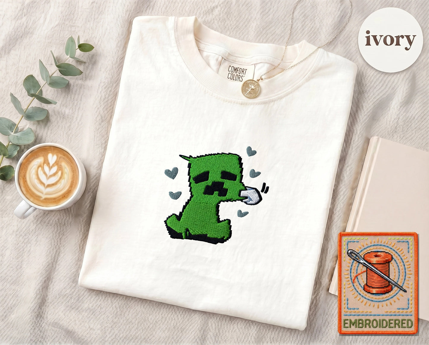 Minecraft Creeper Cute Embroidered T-Shirt — Ivory