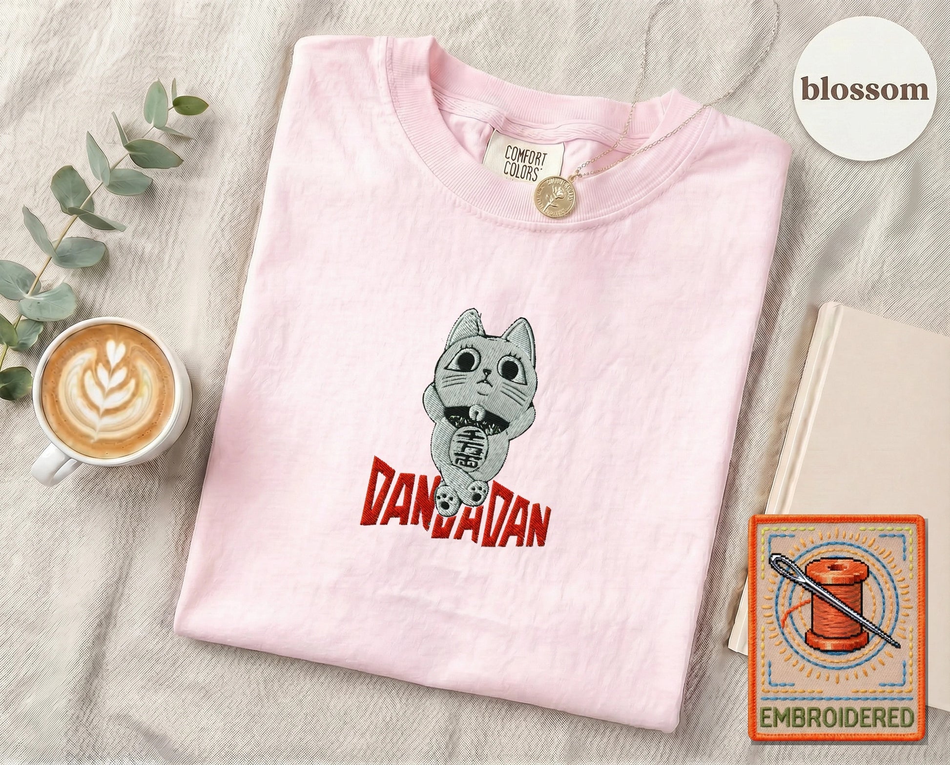 Lucky Cat Manga Embroidered T-Shirt — Blossom