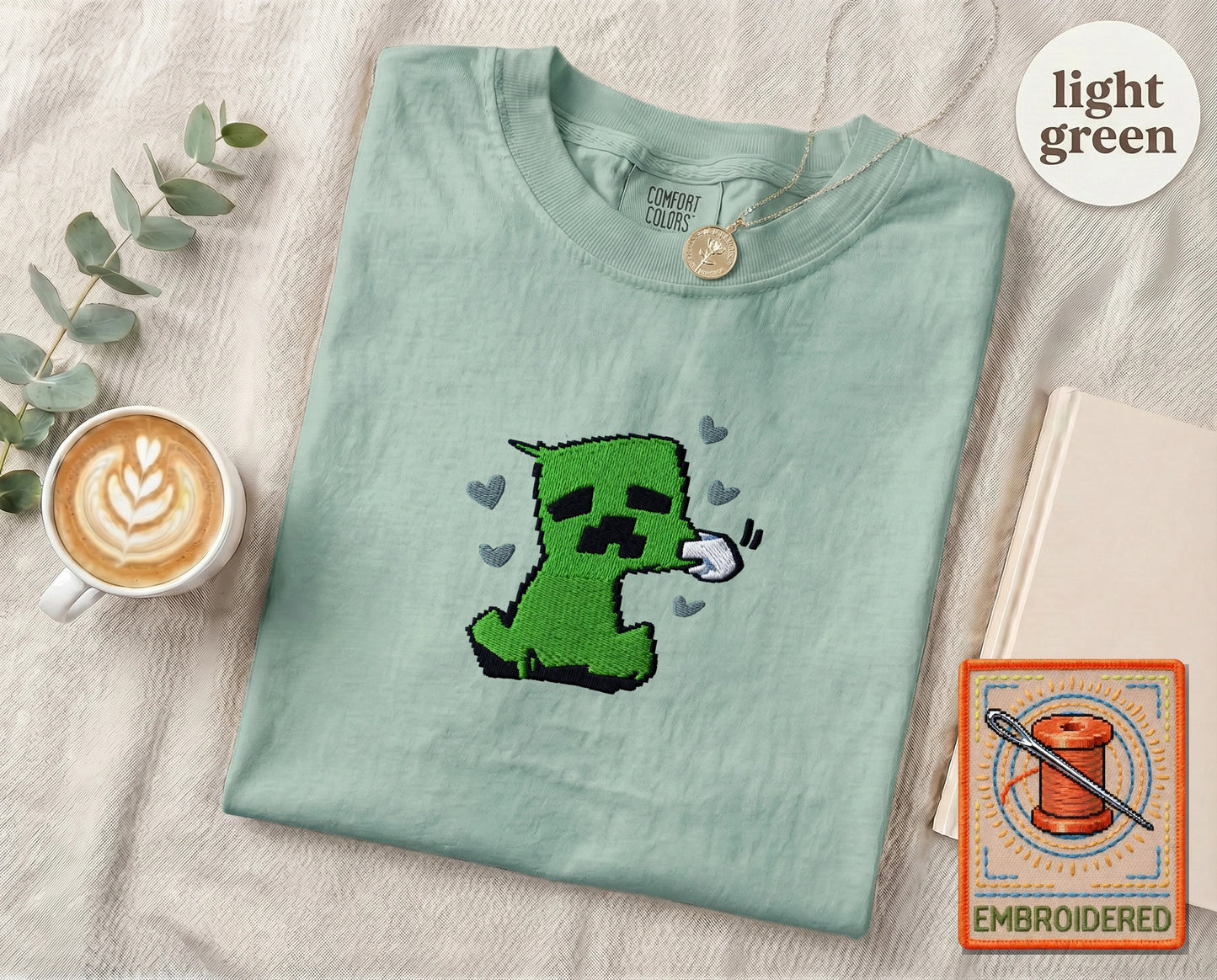 Minecraft Creeper Cute Embroidered T-Shirt — Light Green