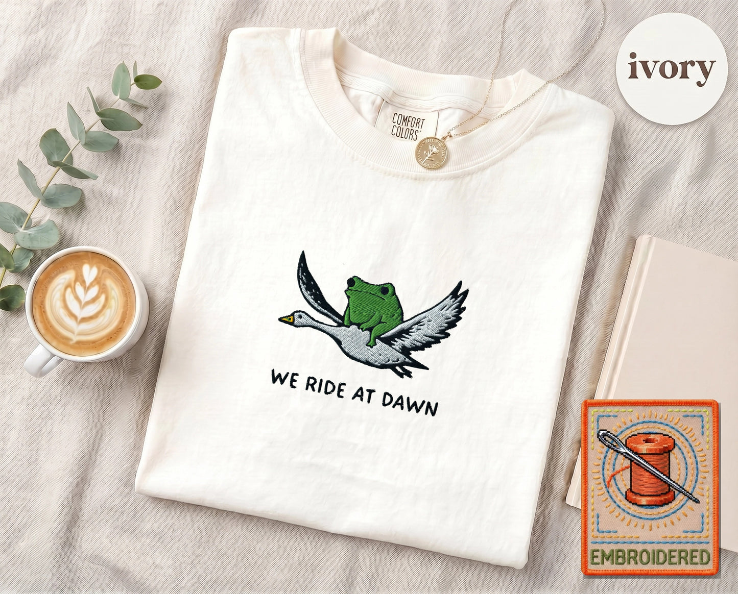 Embroidered Frog Duck Ride T-Shirt — Ivory