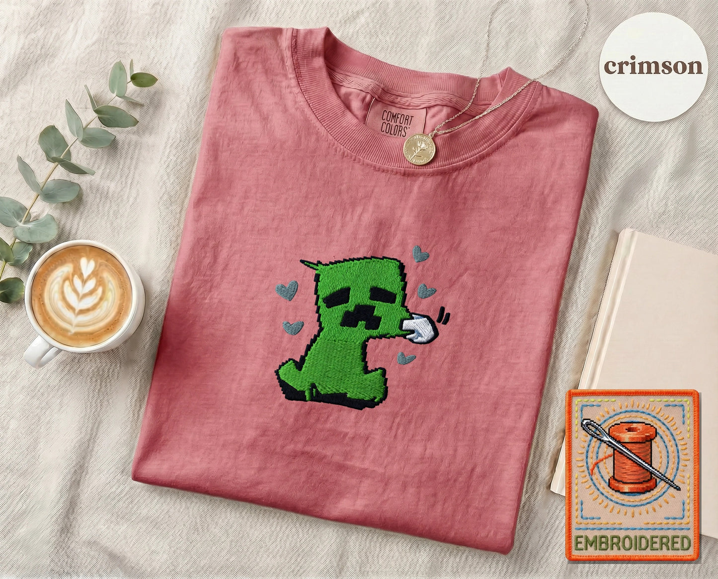 Minecraft Creeper Cute Embroidered T-Shirt — Crimson
