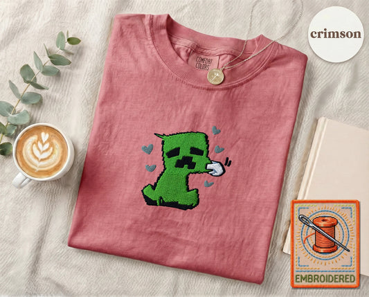 Minecraft Creeper Cute Embroidered T-Shirt — Crimson