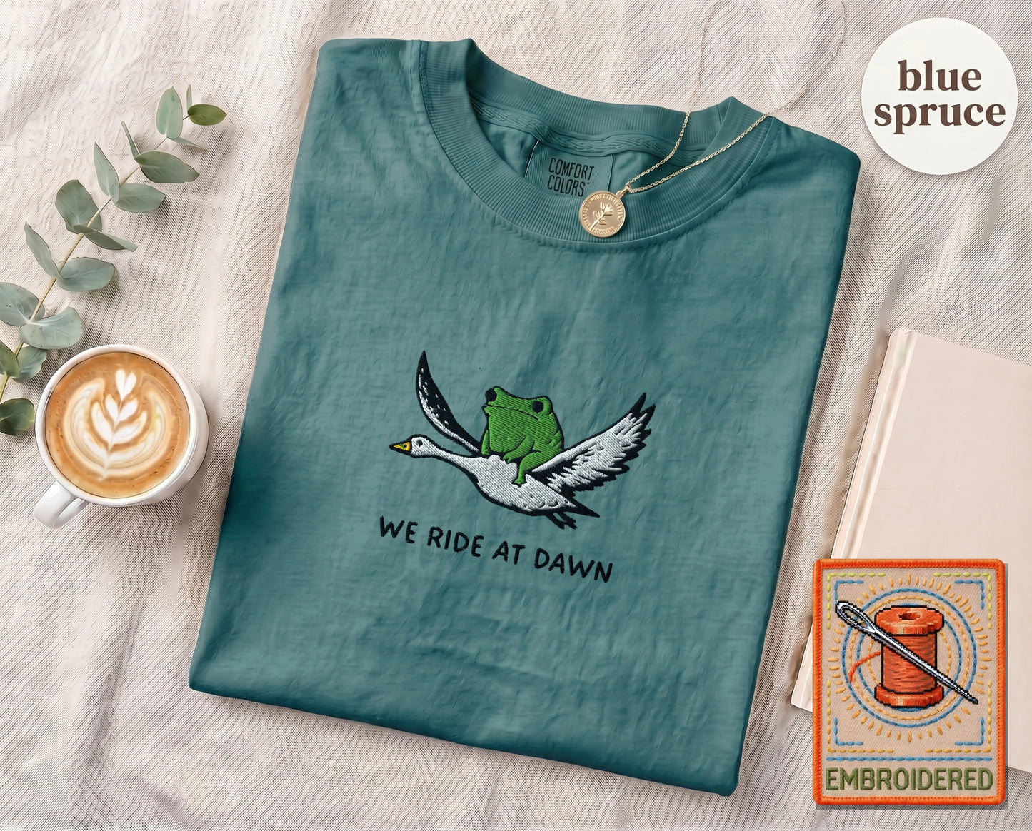 Embroidered Frog Duck Ride T-Shirt — Blue Spruce