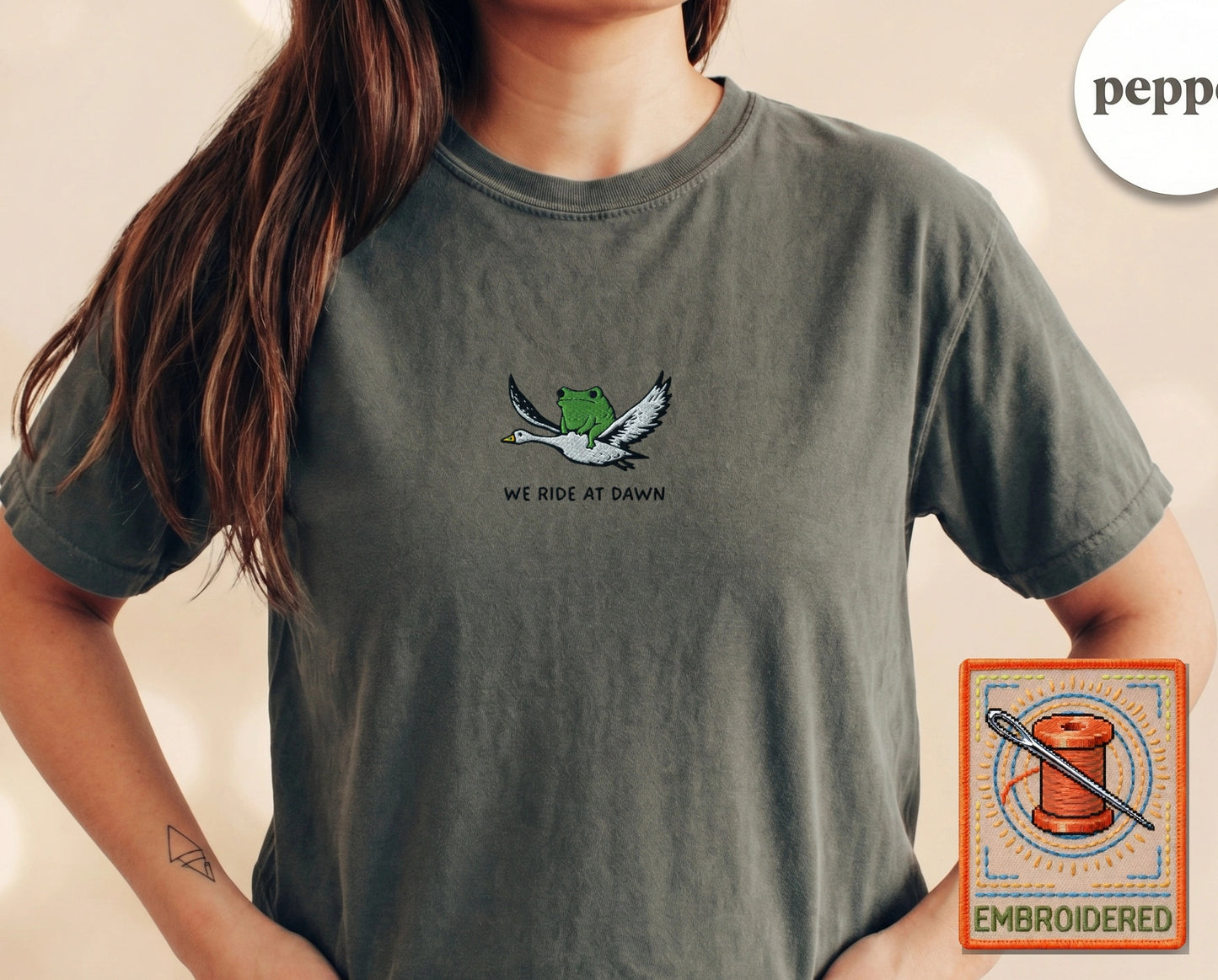 Embroidered Frog Duck Ride T-Shirt — Pepper