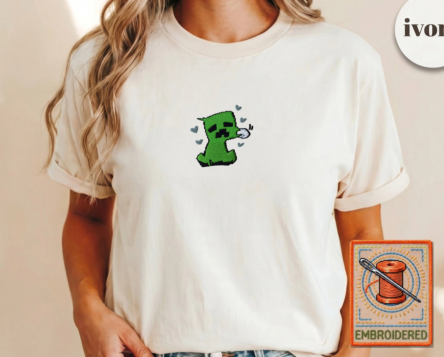 Minecraft Creeper Cute Embroidered T-Shirt — Ivory