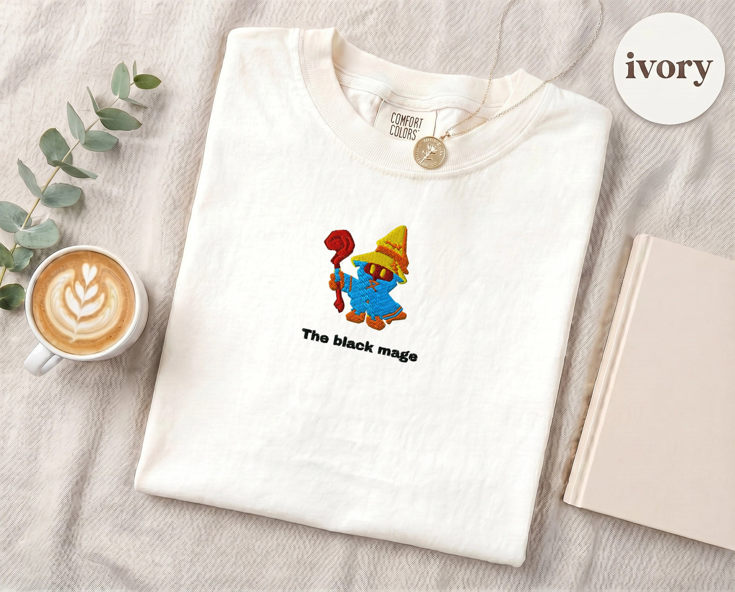 Embroidered Black Mage Cartoon T-Shirt — Ivory