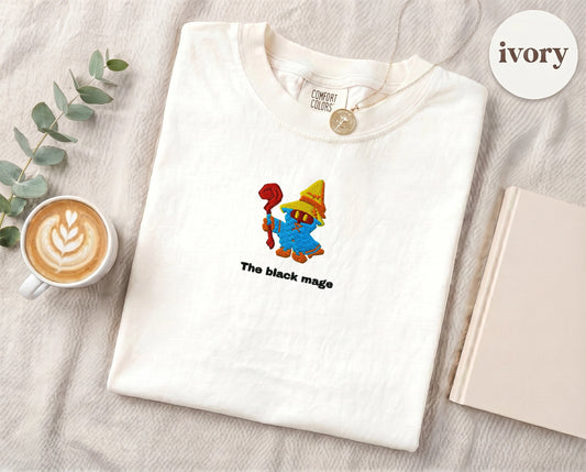 Embroidered Black Mage Cartoon T-Shirt — Ivory