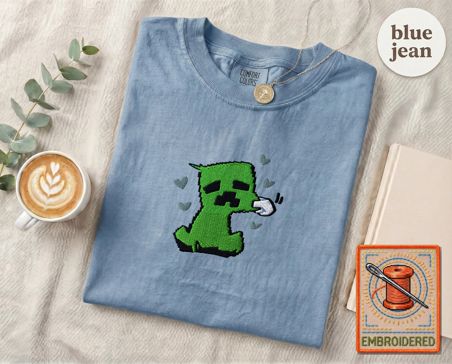 Minecraft Creeper Cute Embroidered T-Shirt — Blue Jean