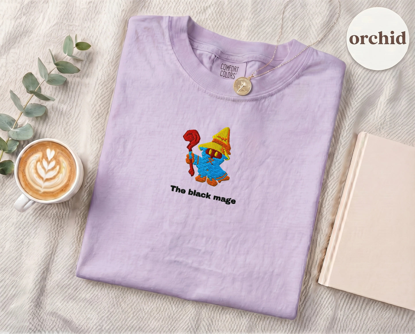 Embroidered Black Mage Cartoon T-Shirt — Orchid