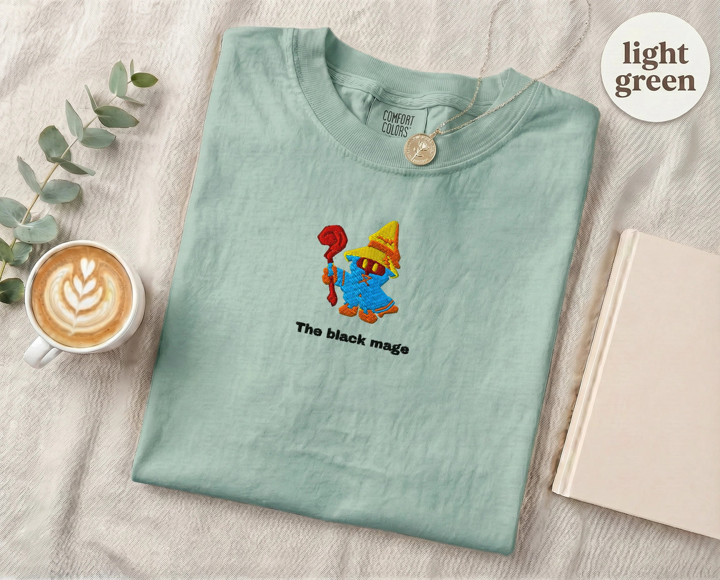 Embroidered Black Mage Cartoon T-Shirt — Light Green