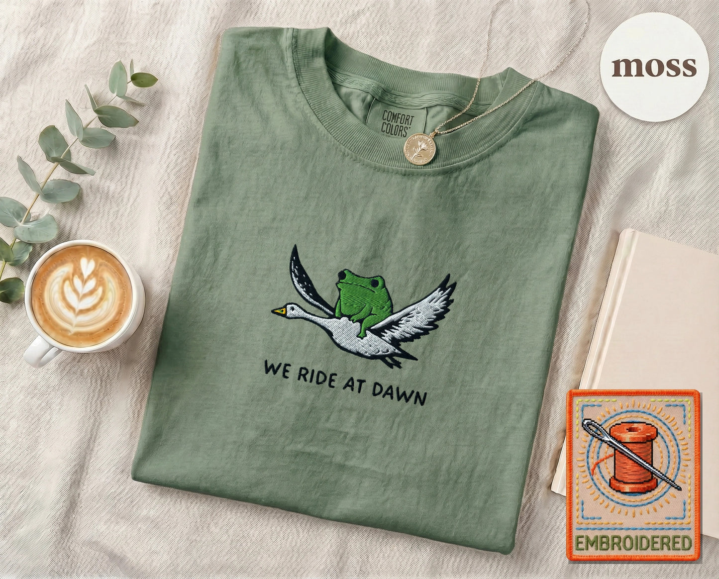 Embroidered Frog Duck Ride T-Shirt — Moss