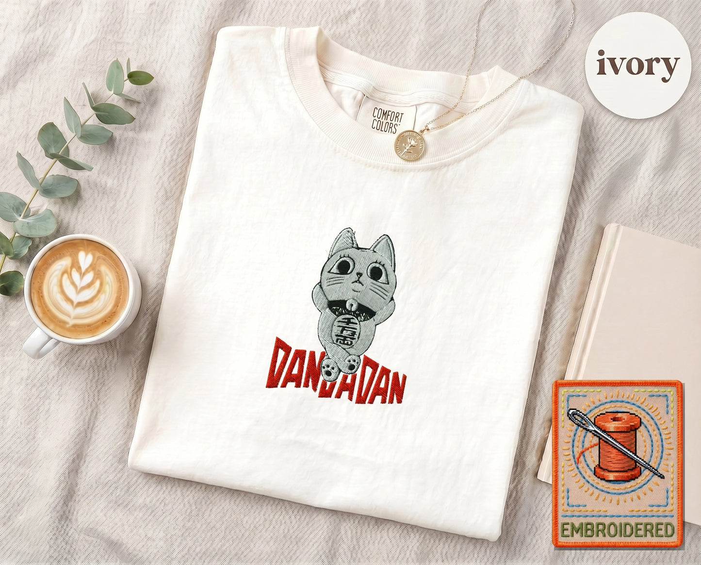 Lucky Cat Manga Embroidered T-Shirt — Ivory