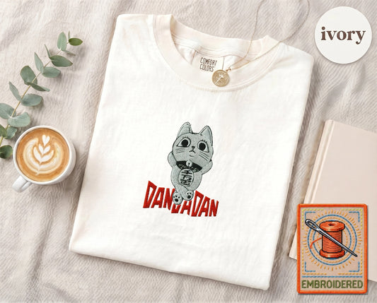 Lucky Cat Manga Embroidered T-Shirt — Ivory
